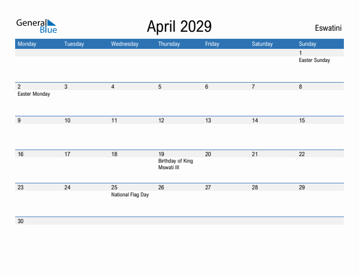 Fillable April 2029 Calendar