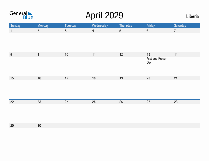 Fillable April 2029 Calendar