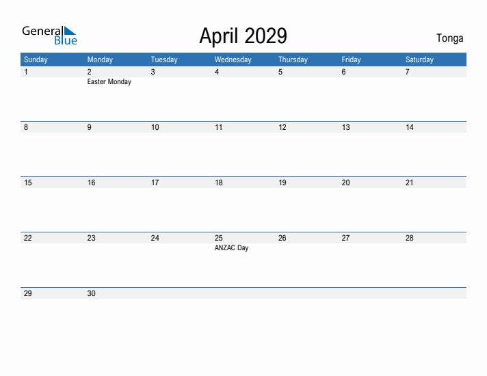 Fillable April 2029 Calendar