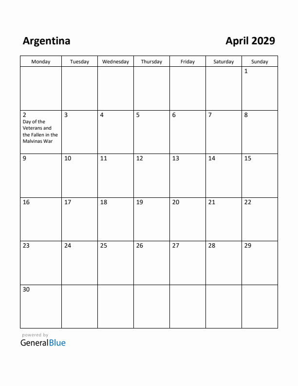 April 2029 Calendar with Argentina Holidays