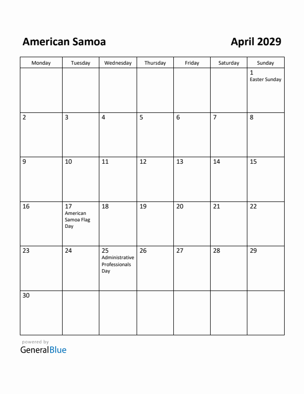 April 2029 Calendar with American Samoa Holidays