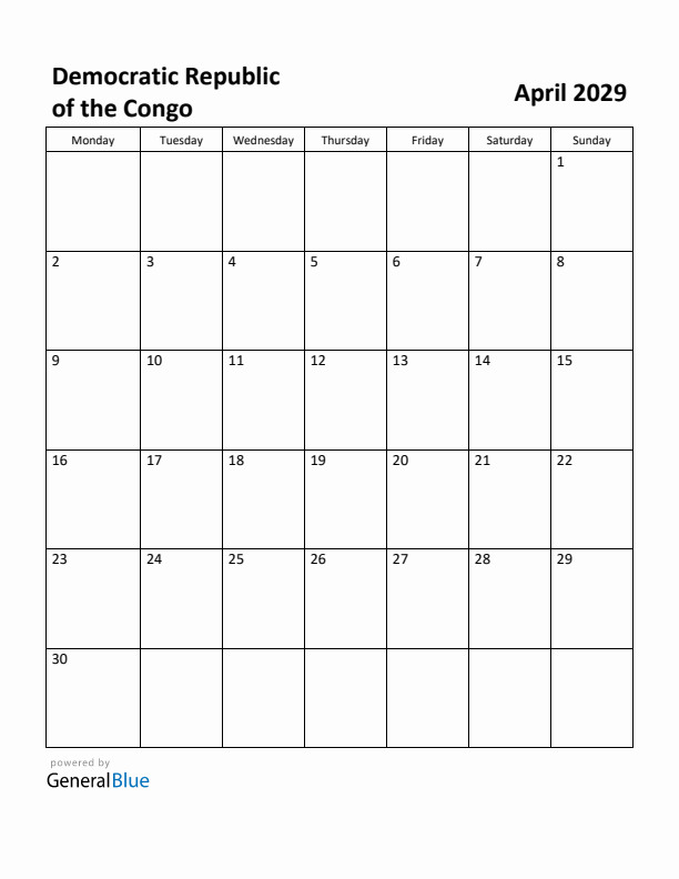 April 2029 Calendar with Democratic Republic of the Congo Holidays