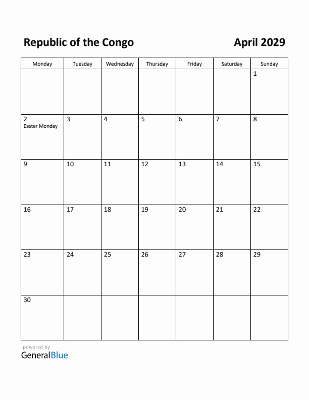 April 2029 Calendar with Republic of the Congo Holidays