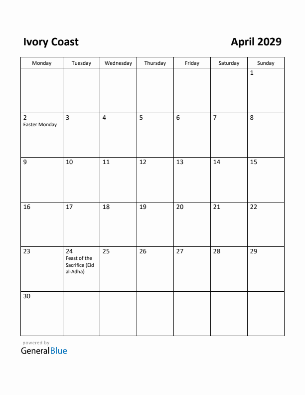 April 2029 Calendar with Ivory Coast Holidays