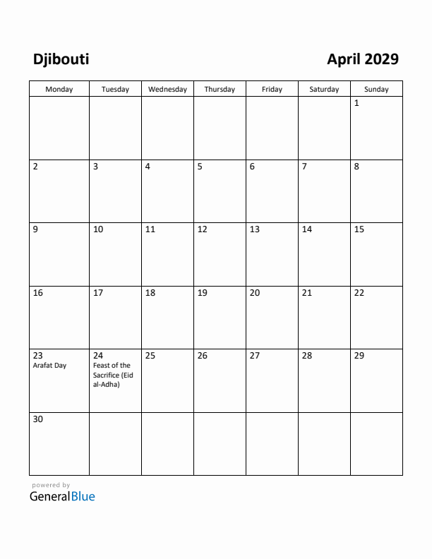 April 2029 Calendar with Djibouti Holidays