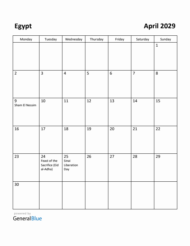 April 2029 Calendar with Egypt Holidays