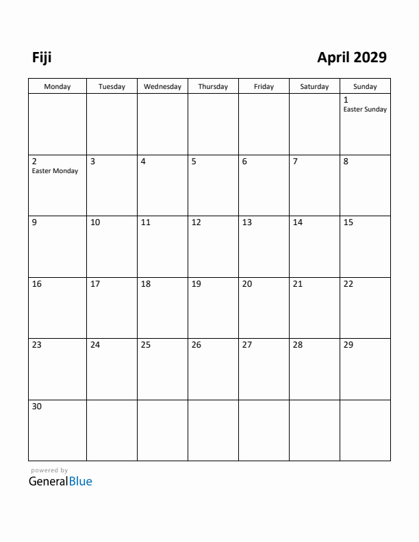 April 2029 Calendar with Fiji Holidays