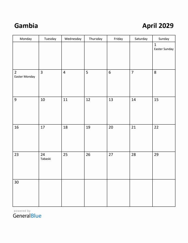 April 2029 Calendar with Gambia Holidays