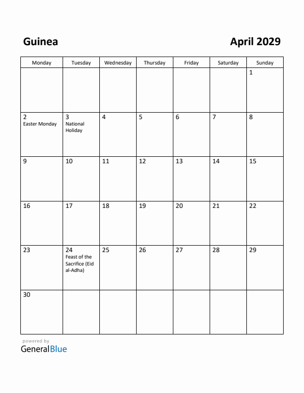 April 2029 Calendar with Guinea Holidays