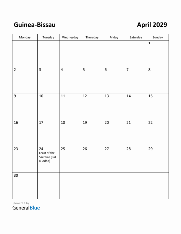 April 2029 Calendar with Guinea-Bissau Holidays