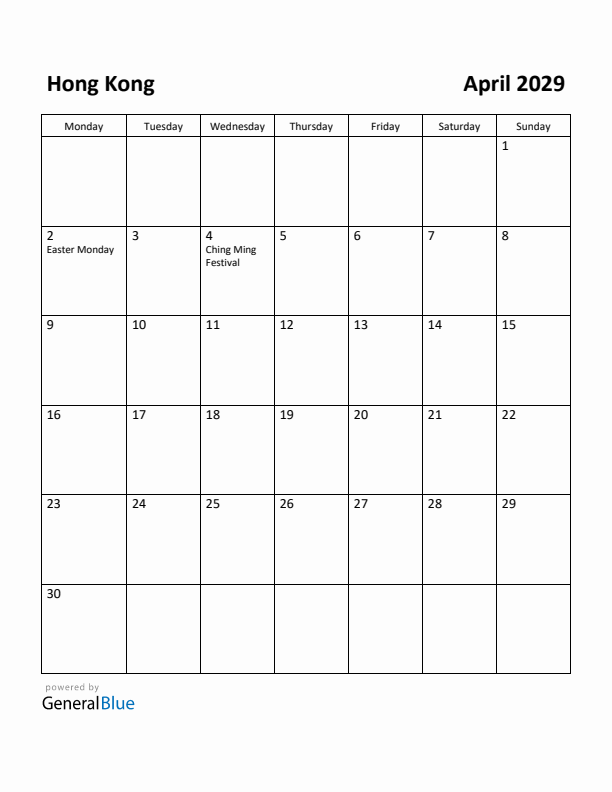 April 2029 Calendar with Hong Kong Holidays