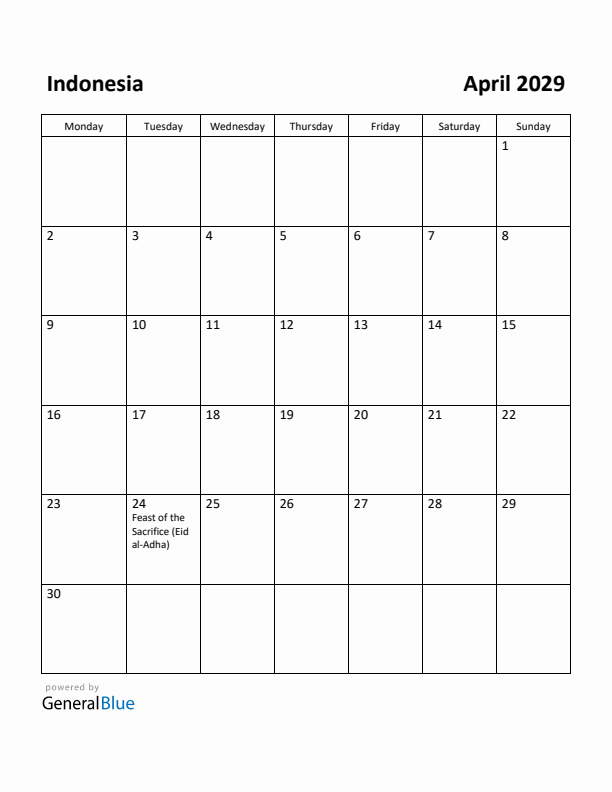 April 2029 Calendar with Indonesia Holidays