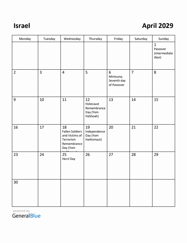 April 2029 Calendar with Israel Holidays
