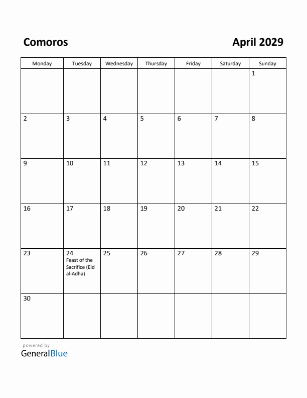 April 2029 Calendar with Comoros Holidays