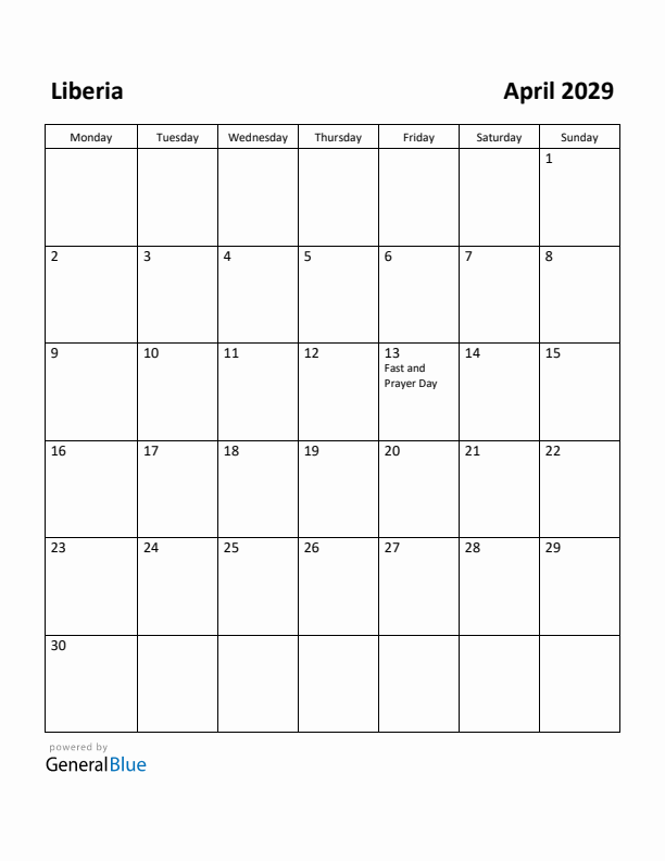 April 2029 Calendar with Liberia Holidays