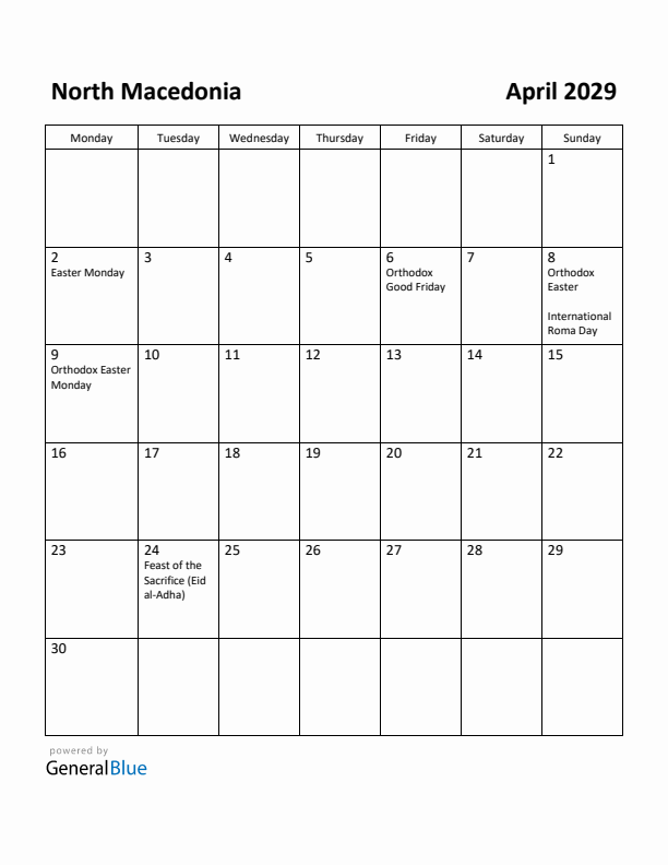 April 2029 Calendar with North Macedonia Holidays