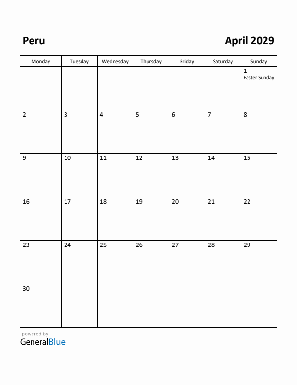 April 2029 Calendar with Peru Holidays