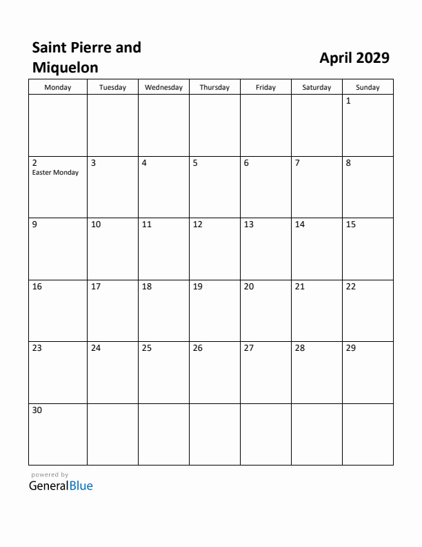 April 2029 Calendar with Saint Pierre and Miquelon Holidays