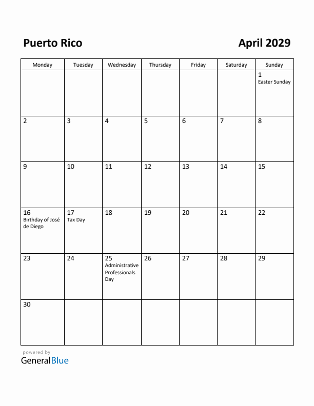 April 2029 Calendar with Puerto Rico Holidays
