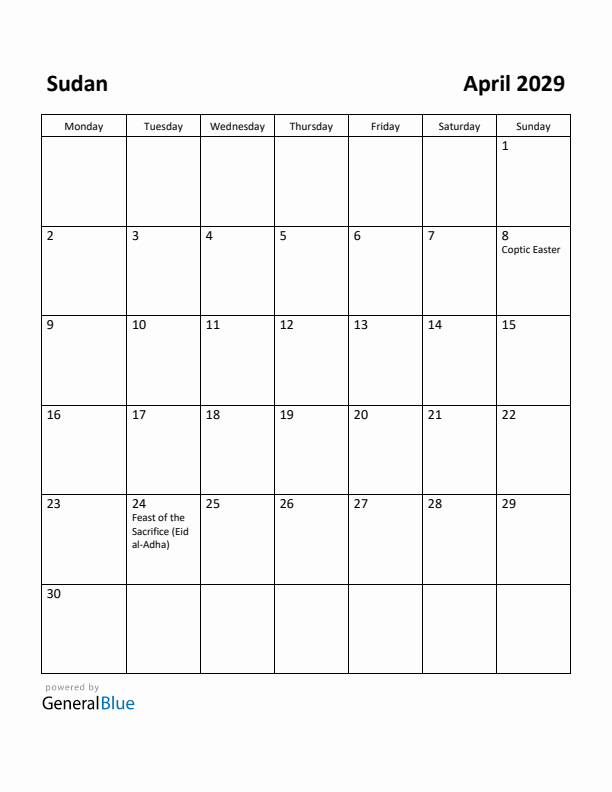 April 2029 Calendar with Sudan Holidays