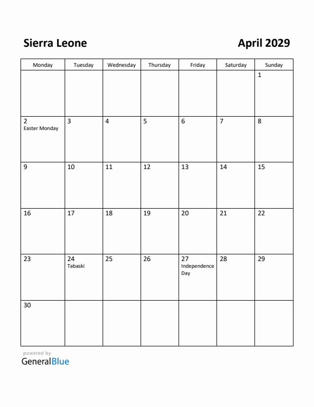 April 2029 Calendar with Sierra Leone Holidays
