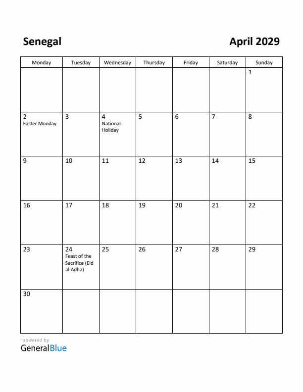 April 2029 Calendar with Senegal Holidays