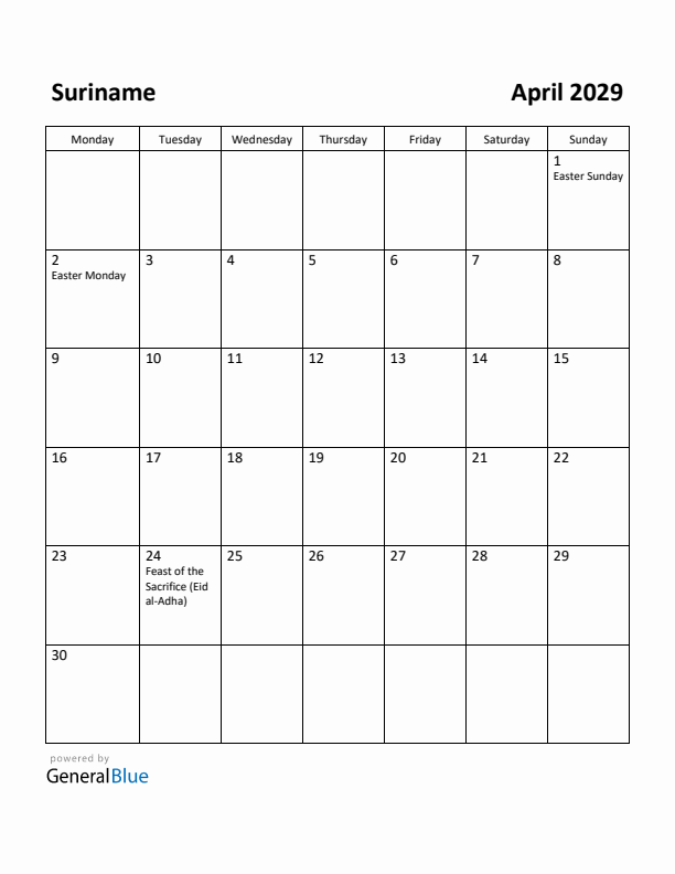 April 2029 Calendar with Suriname Holidays