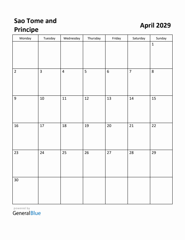April 2029 Calendar with Sao Tome and Principe Holidays