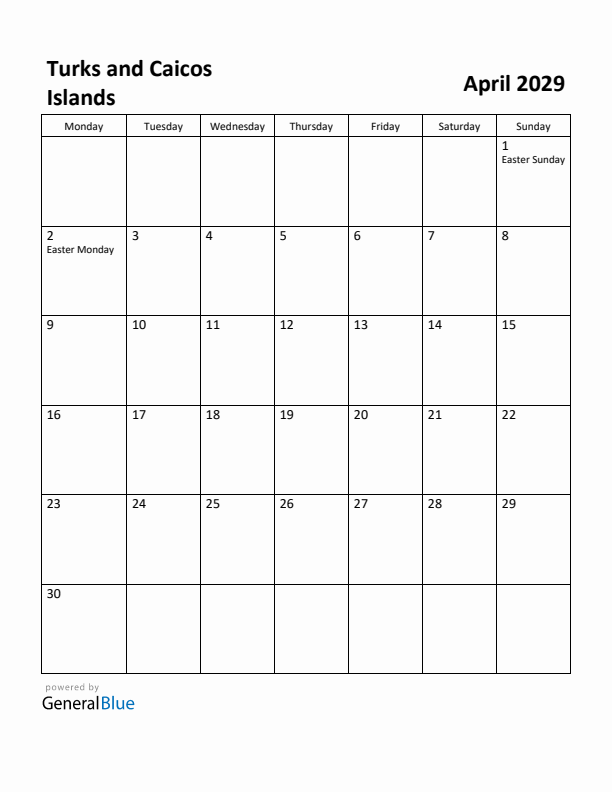 April 2029 Calendar with Turks and Caicos Islands Holidays