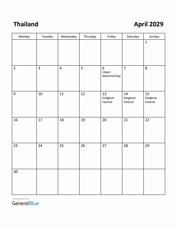 April 2029 Calendar with Thailand Holidays