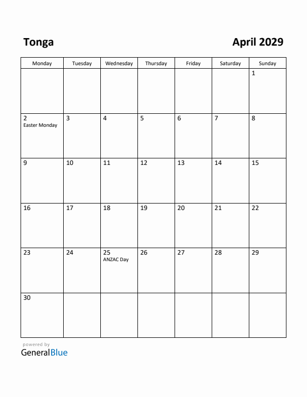 April 2029 Calendar with Tonga Holidays