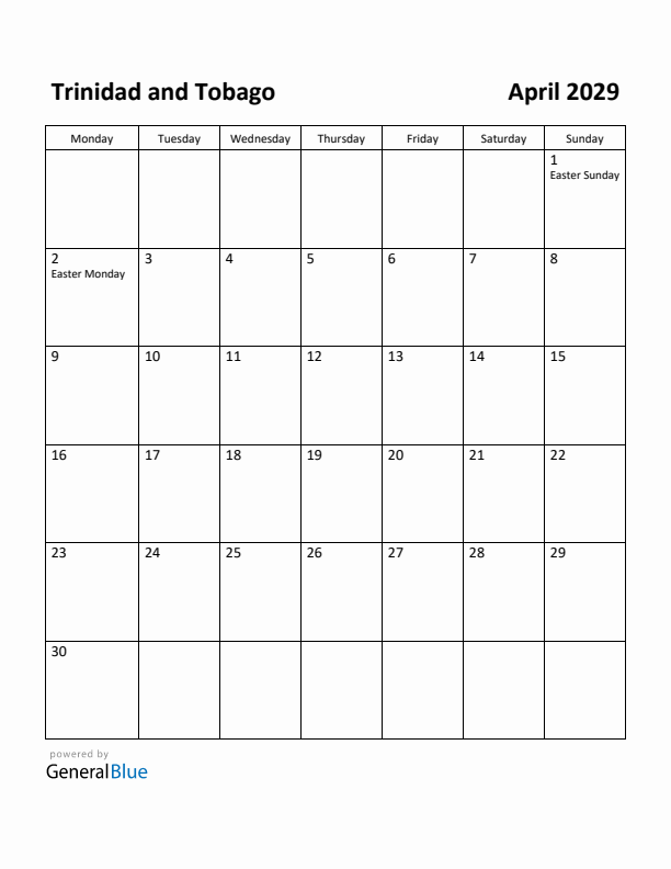 April 2029 Calendar with Trinidad and Tobago Holidays