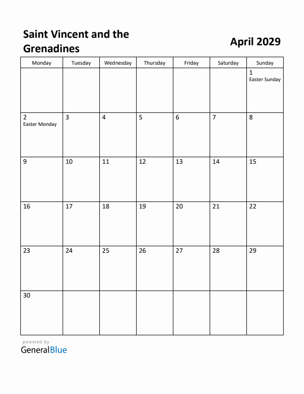 April 2029 Calendar with Saint Vincent and the Grenadines Holidays