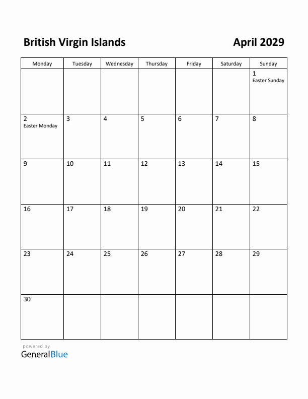 April 2029 Calendar with British Virgin Islands Holidays