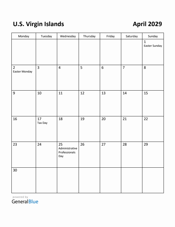 April 2029 Calendar with U.S. Virgin Islands Holidays