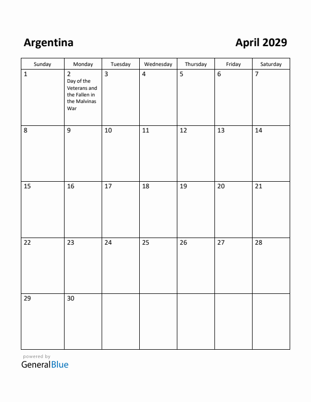 April 2029 Calendar with Argentina Holidays