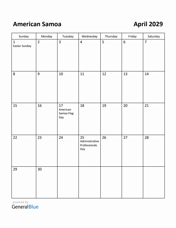 April 2029 Calendar with American Samoa Holidays