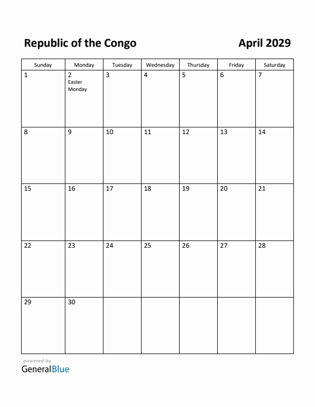 April 2029 Calendar with Republic of the Congo Holidays