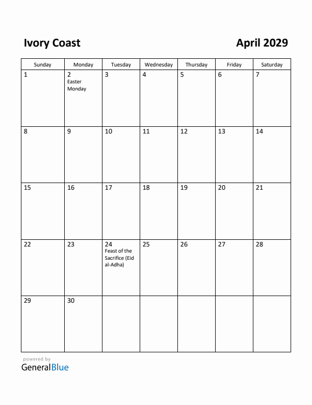 April 2029 Calendar with Ivory Coast Holidays