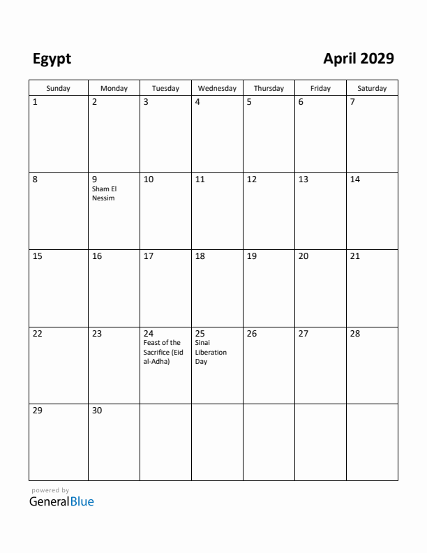 April 2029 Calendar with Egypt Holidays