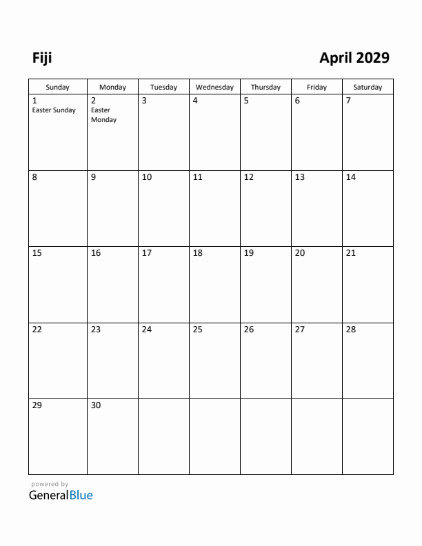 April 2029 Calendar with Fiji Holidays
