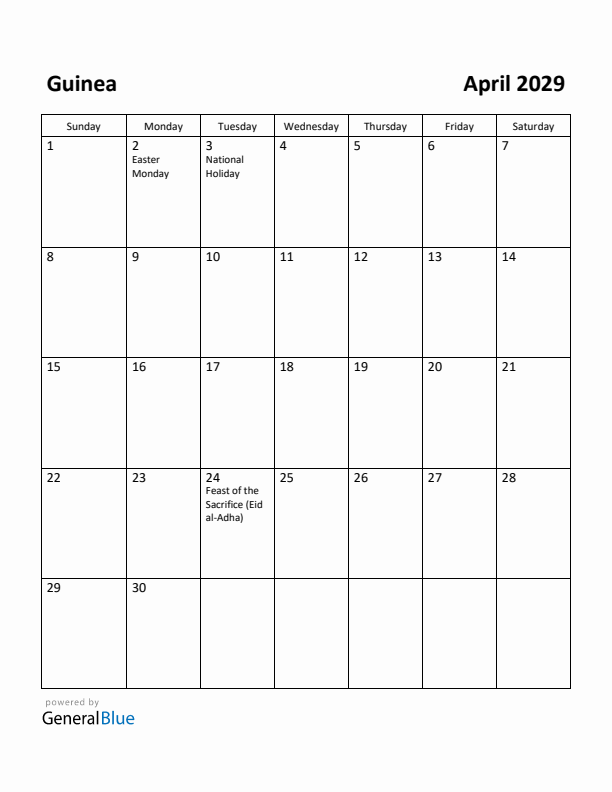 April 2029 Calendar with Guinea Holidays