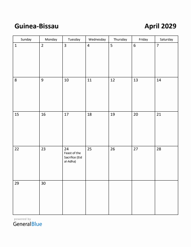 April 2029 Calendar with Guinea-Bissau Holidays