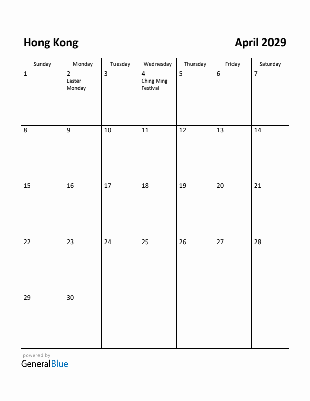 April 2029 Calendar with Hong Kong Holidays