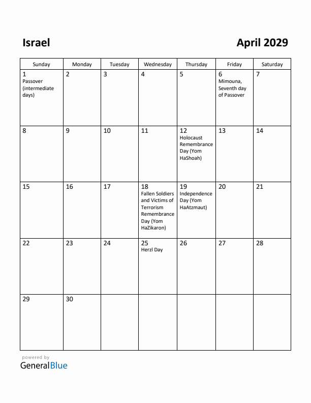 April 2029 Calendar with Israel Holidays