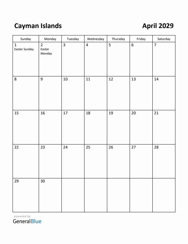 April 2029 Calendar with Cayman Islands Holidays