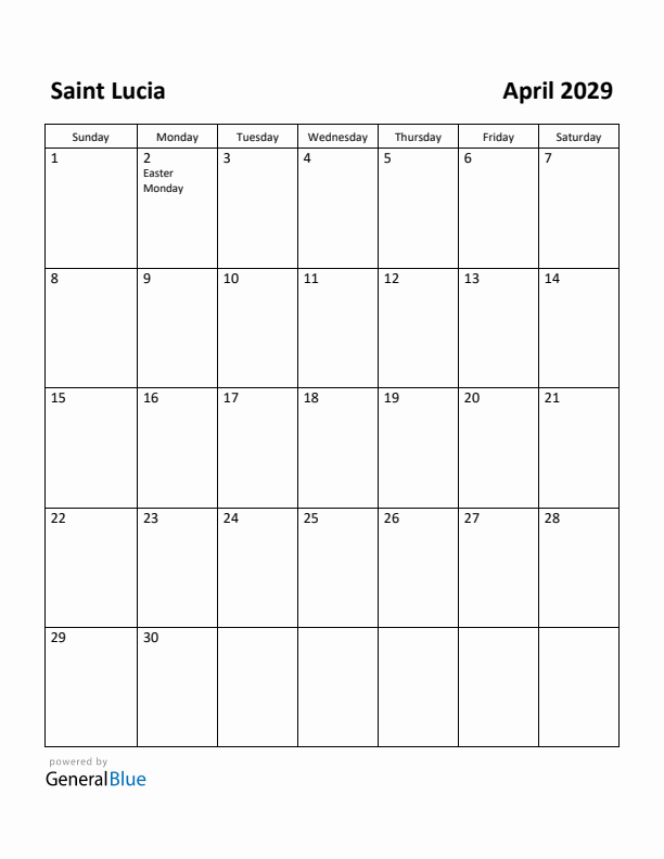 April 2029 Calendar with Saint Lucia Holidays