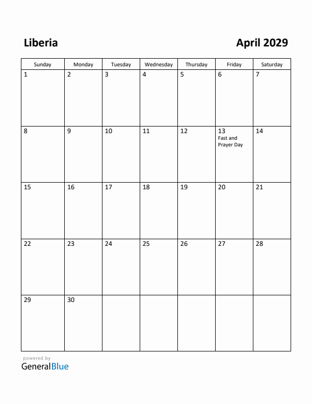 April 2029 Calendar with Liberia Holidays