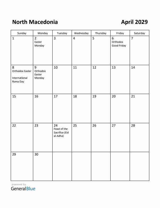 April 2029 Calendar with North Macedonia Holidays