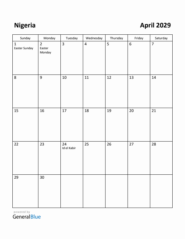 April 2029 Calendar with Nigeria Holidays